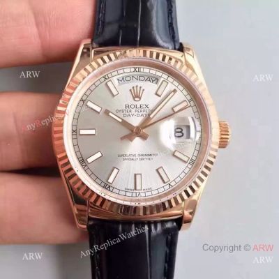Rolex Rose Gold Day Date Watch Silver Dial Black Leather Replica
